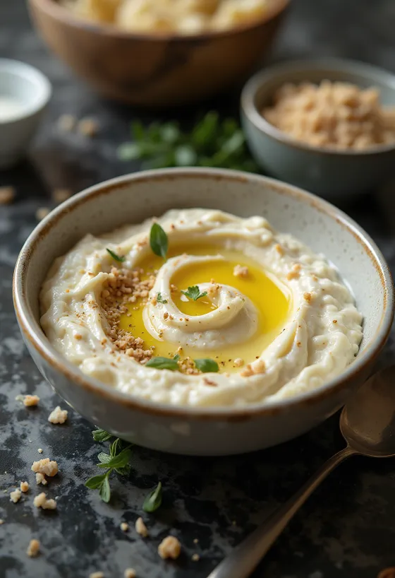 Cremă de vinete cu sos tahini servită