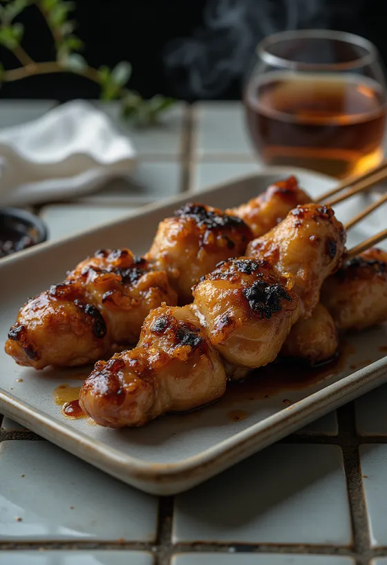 Tebamoto yakitori, umăr de aripă de pui pe băț, servit cu semințe de susan și ceapă verde proaspătă