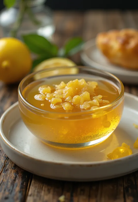 Glazură de miere și lămâie cu ghimbir într-un bol, decorat cu felii de lămâie și ghimbir.