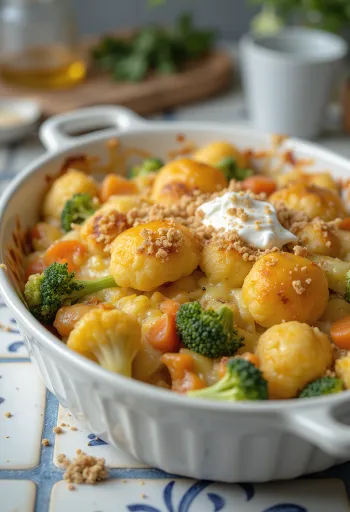 Legume la cuptor coapte moale, cu sos cremos și cașcaval topit deasupra