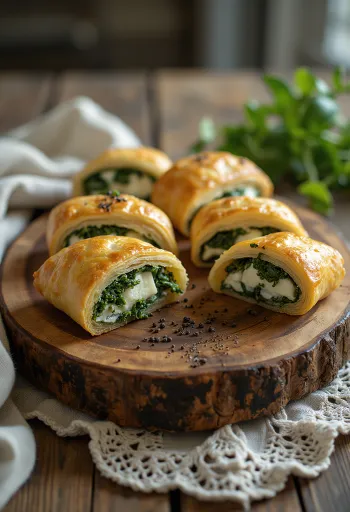 Ștrudel cu spanac și brânză feta proaspăt copt, cu aluat crocant