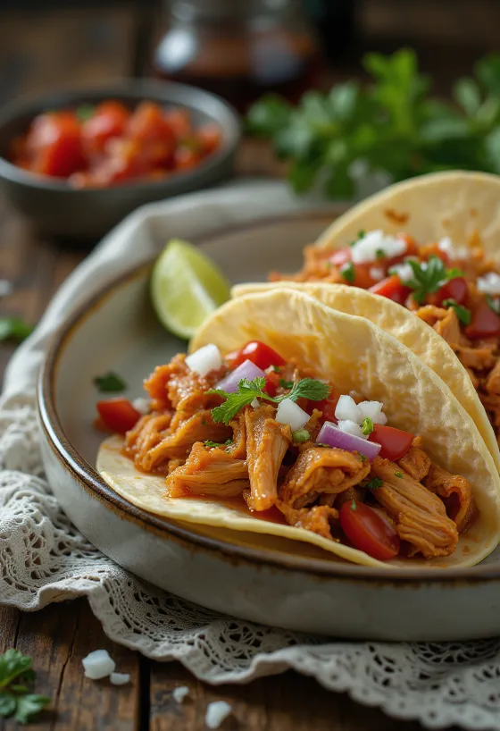 Tacos de Pollo con Salsa Roja servit pe farfurie