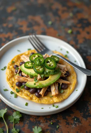 Tostada bogată cu pui, fasole, avocado și felii de jalapeño