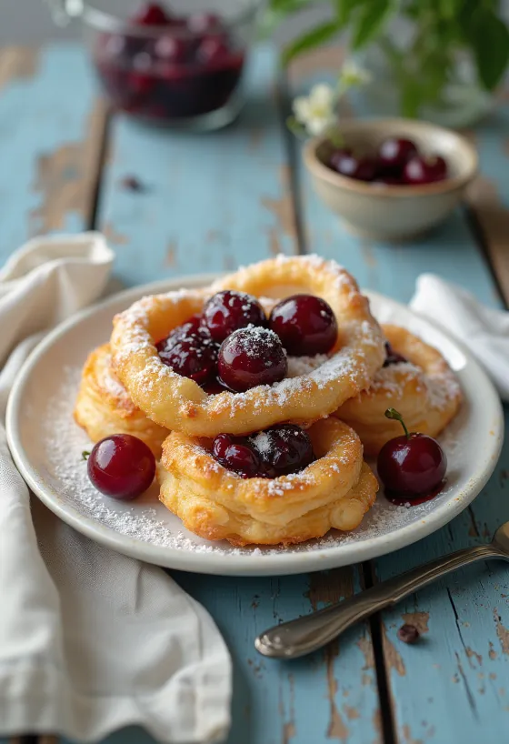 Zeppole umplute cu gem de vișine, pudrate cu zahăr, servite