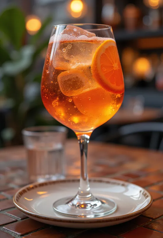 Aperol Spritz decorat cu felie de portocală și cub de gheață