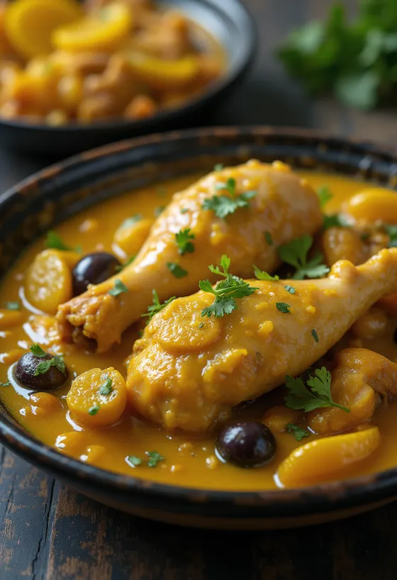 Tagine de pui cu lămâi murate servit în tagine tradițional