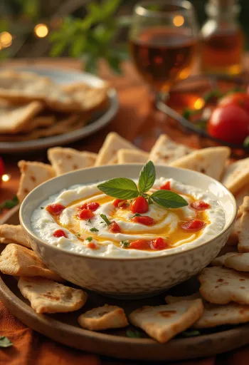 Tirokafteri cu iaurt grecesc, servit cu pită proaspătă