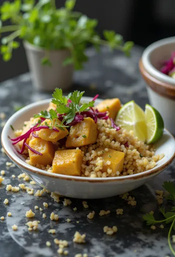 Curry de quinoa cu tofu, sfeclă și lime servit
