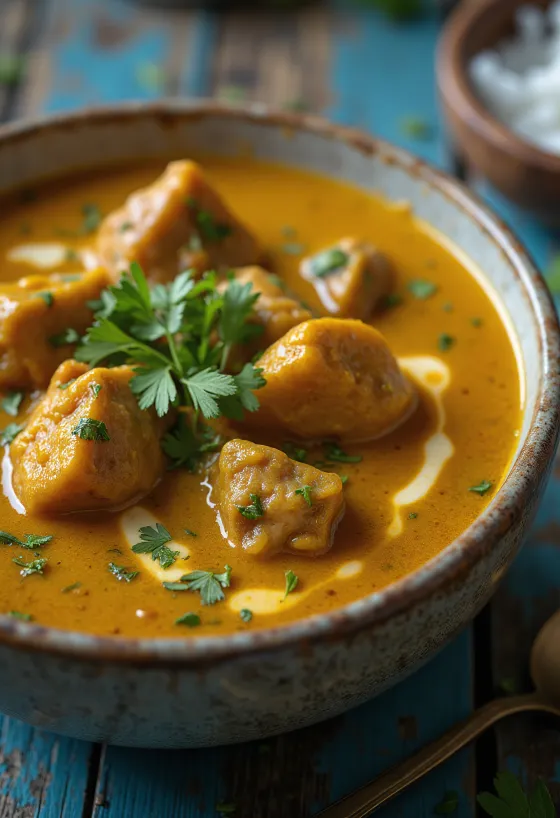 Curry de vită servit cu lapte de cocos și condimente