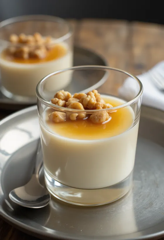Panna cotta cu miere și nucă servită