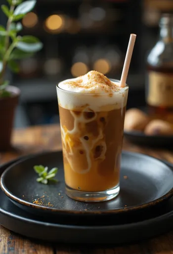 Băutură cremoasă de cafea decorată cu frișcă și scorțișoară
