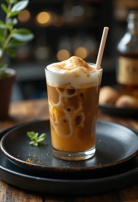 Băutură cremoasă de cafea decorată cu frișcă și scorțișoară