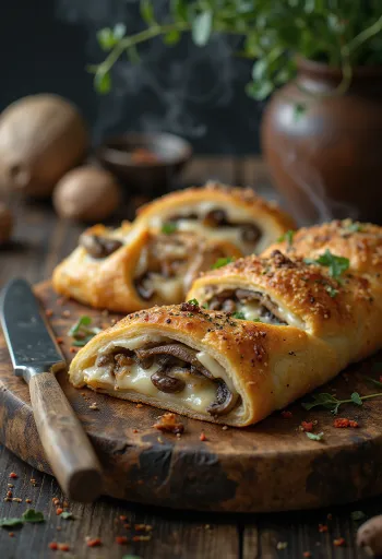 Stromboli cu ciuperci, servit cu ciuperci bogate și mozzarella topită deasupra, crocant la exterior și moale la interior.