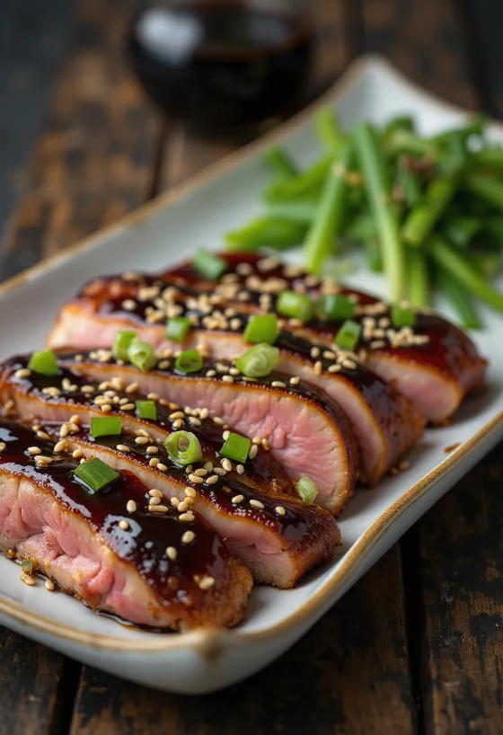 Rață Teriyaki, piept de rață în stil japonez cu sos și semințe de susan