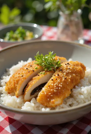 Negi-miso katsudon cu umplutură de ceapă verde și miso, pui crocant cu sos miso și ceapă verde proaspătă