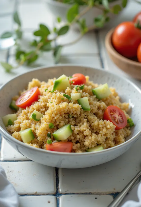 Salată de quinoa cu sos tahini servită