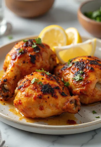 Pui Tandoori copt în marinadă de iaurt, servit cu ierburi proaspete