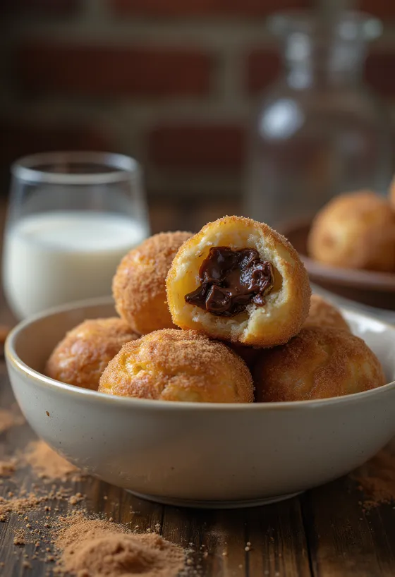 Bolinho de chuva cu ciocolată, gogoașă cu ciocolată tăvălită în scorțișoară și zahăr