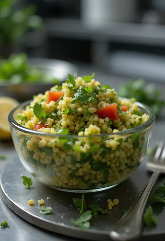 Tabbouleh de quinoa servit cu verdețuri proaspete