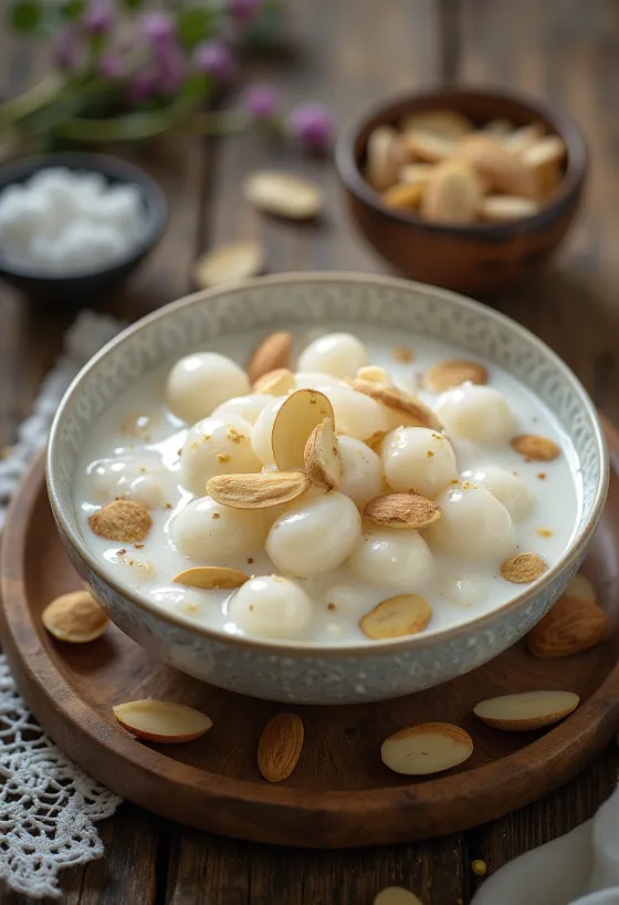 Kheer de Sabudana desert decorat cu migdale și cardamom