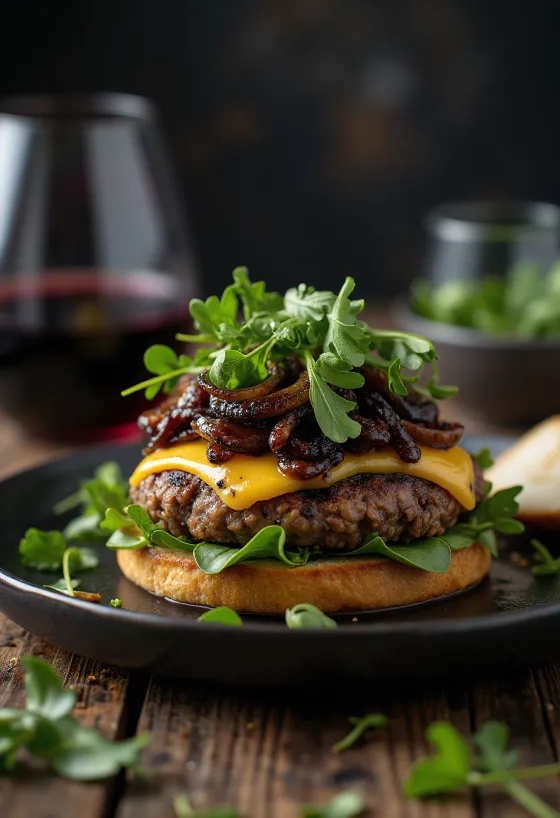 Burger cu oțet balsamic servit pe farfurie