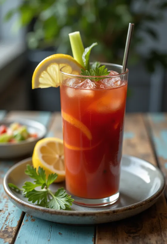 Cocktail Bloody Mary decorat cu tijă de țelină și felie de lămâie