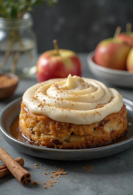 Tort cu spumă de mere și scorțișoară decorat cu felii de măr