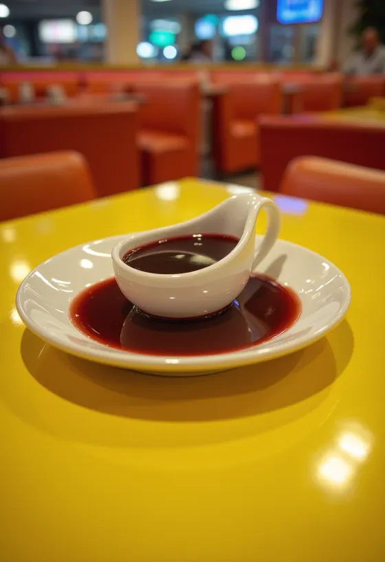 Sos de vin roșu cu portocale într-un bol, decorat cu rozmarin proaspăt și coajă de portocală