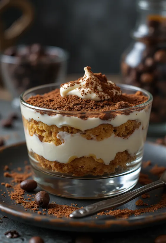 Tiramisu clasic, cu pișcoturi stratificate și presărat cu pudră de cacao