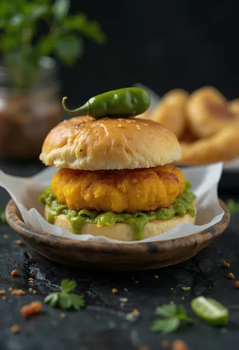 Vada Pav umplut cu carne servit