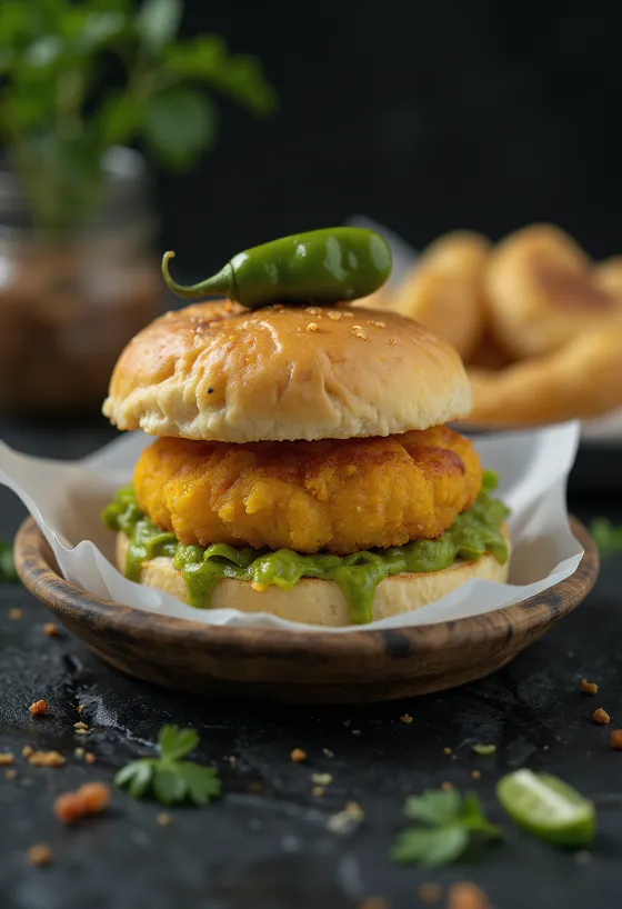 Vada Pav umplut cu carne servit