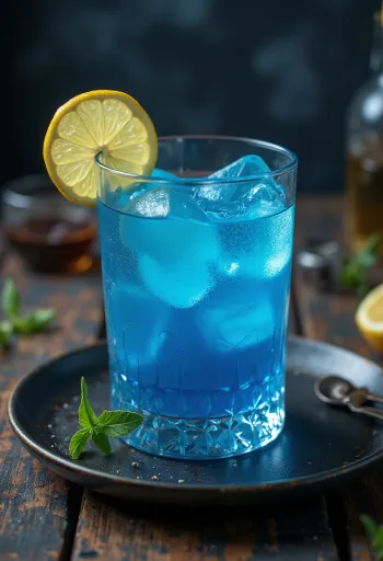Cocktail Blue Lagoon decorat cu felie de lămâie și cireașă de cocktail
