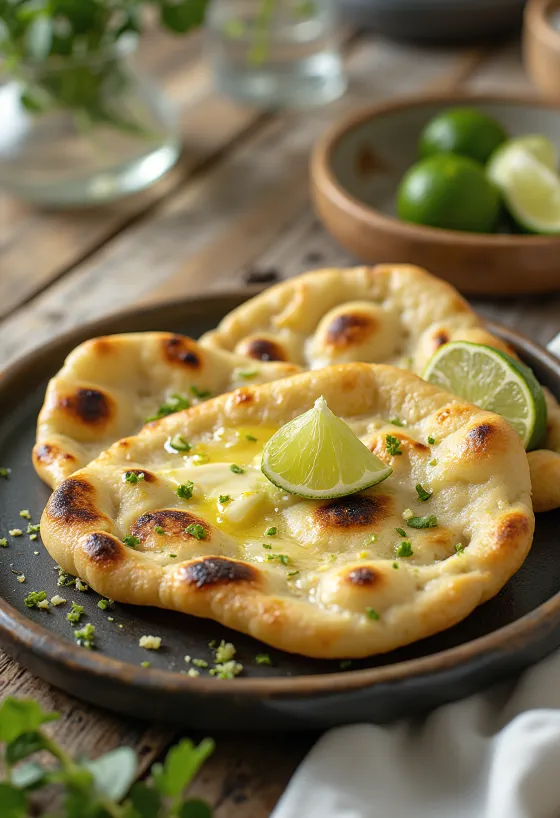 Pâine Naan cu lime servită proaspăt