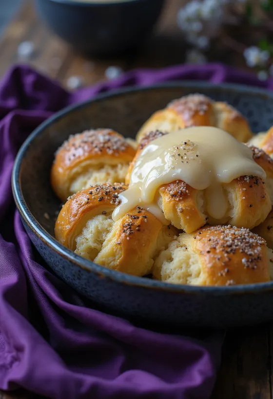 Mákos guba presărată cu zahăr pudră, servită cu sos de vanilie