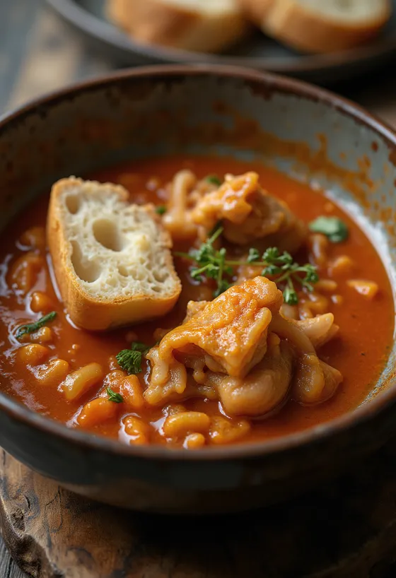 Tocăniță de burtă cu sos suculent, condimentat, servită cu pâine proaspătă