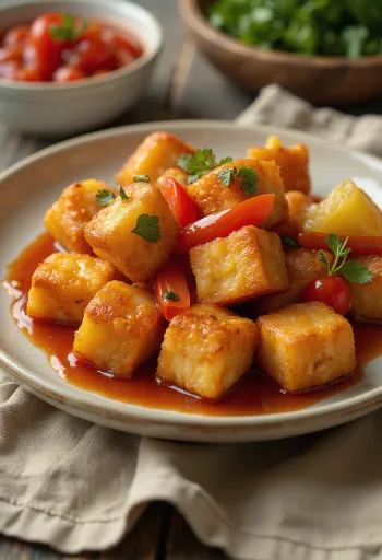 Tofu prăjit crocant cu sos dulce-acrișor servit