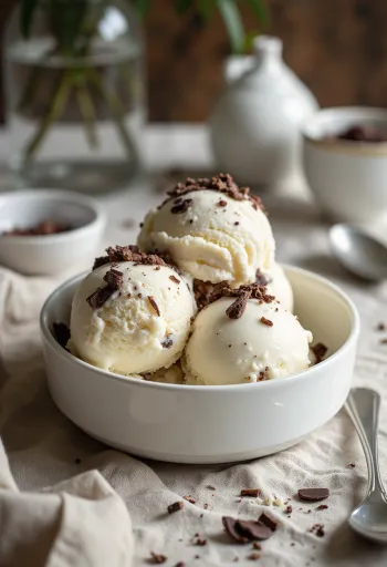 Înghețată albă cremoasă cu așchii neregulate de ciocolată neagră