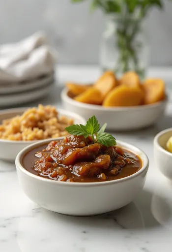 Chutney de tamarind în borcan, sos condimentat de culoare maro bogată