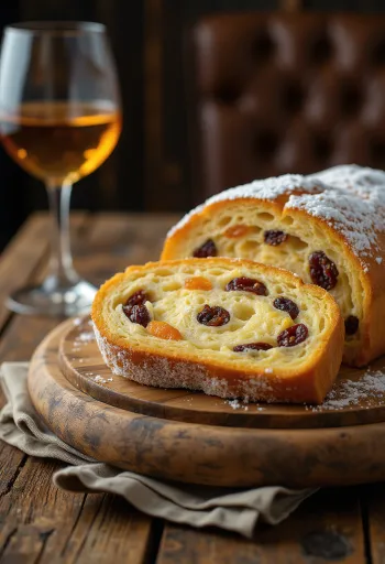 Stollen cu vin Tokaji și vanilie feliat, presărat cu zahăr pudră, pe scândură rustică