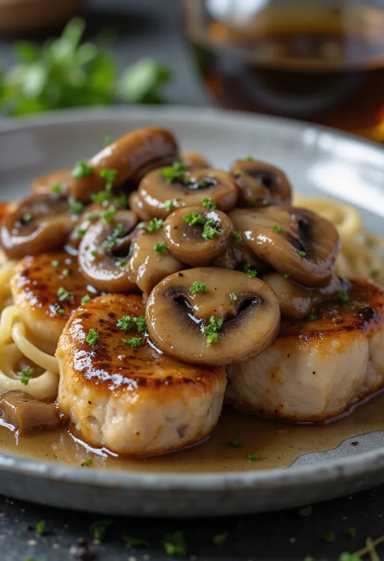 Scaloppine de vițel Marsala servit cu ciuperci și pătrunjel proaspăt