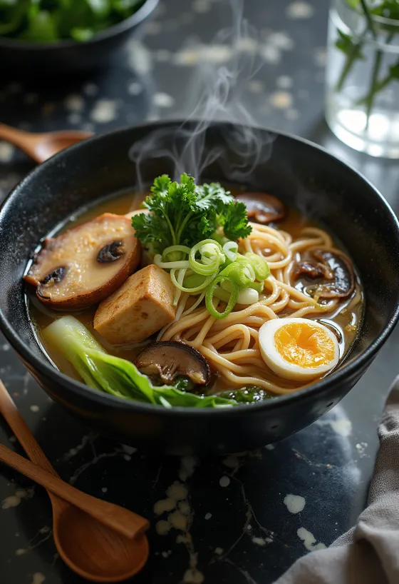 Ramen vegan servit cu tofu, ciuperci shiitake și legume proaspete.