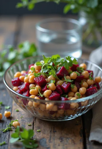 Salată de sfeclă cu năut, servită cu rucola proaspătă și nuci prăjite.