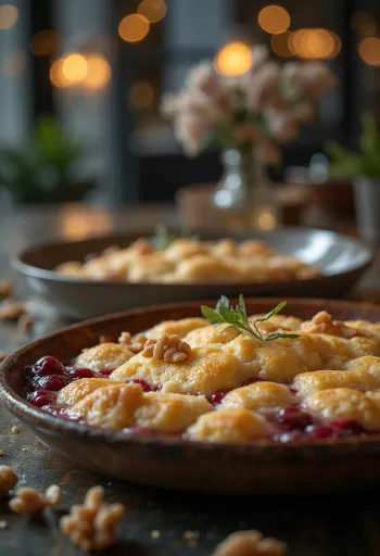 Cobbler cu nuci, servit cu aluat crocant și fructe de pădure