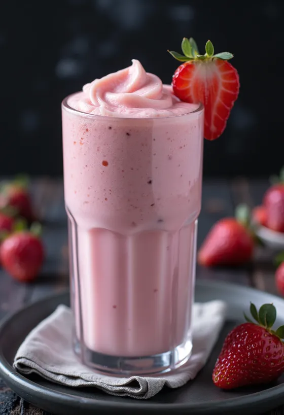 Milkshake de căpșuni servit în pahar