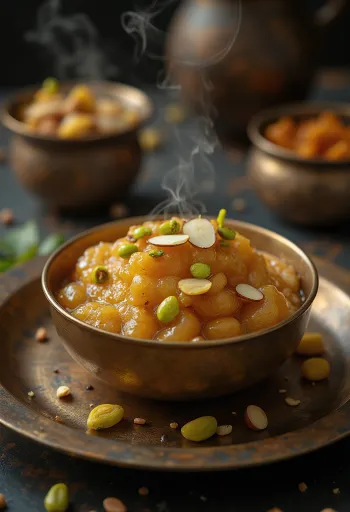 Moong Dal Halwa cu arome bogate de condimente, nuci prăjite și apă de trandafiri.