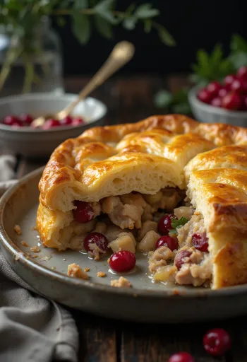Partridge and cranberry pot pie servit într-un vas rustic cu aluat foietaj auriu