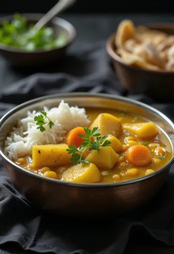 Sambar cu cartofi, servit cu coriandru proaspăt