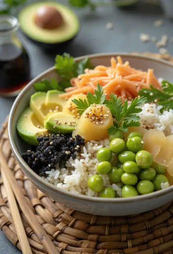 Bowl de sushi vegan cu legume și semințe de susan