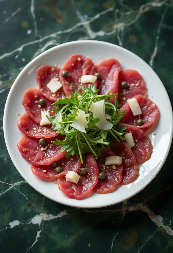 Carpaccio de cerb garnisit cu rucola și parmezan