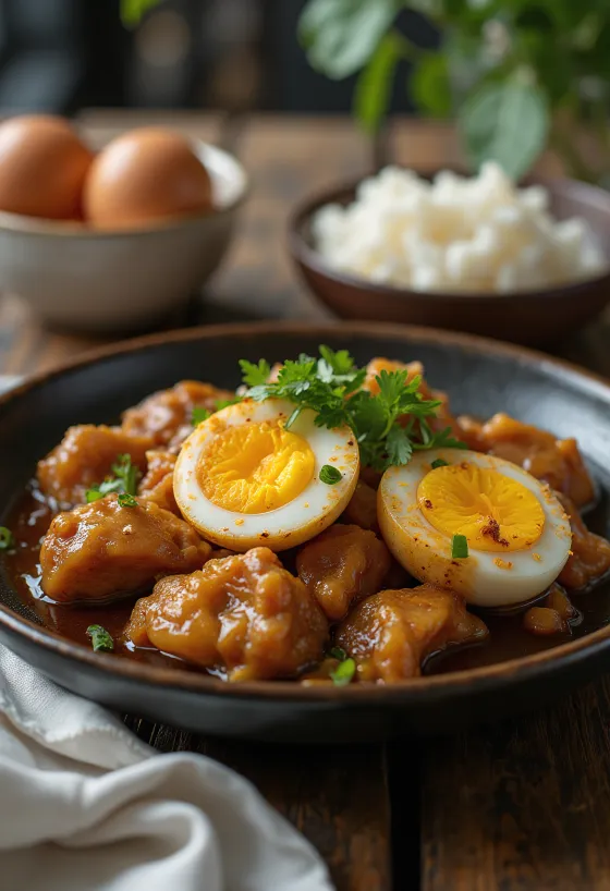 Adobo cu ouă servit, pui și ouă reunite într-o mâncare delicioasă.
